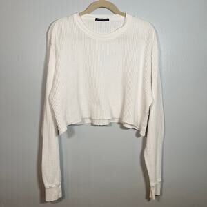 Brandy Melville White Oversized Waffle Knit Crop Top Made in Italy 100% Cotton